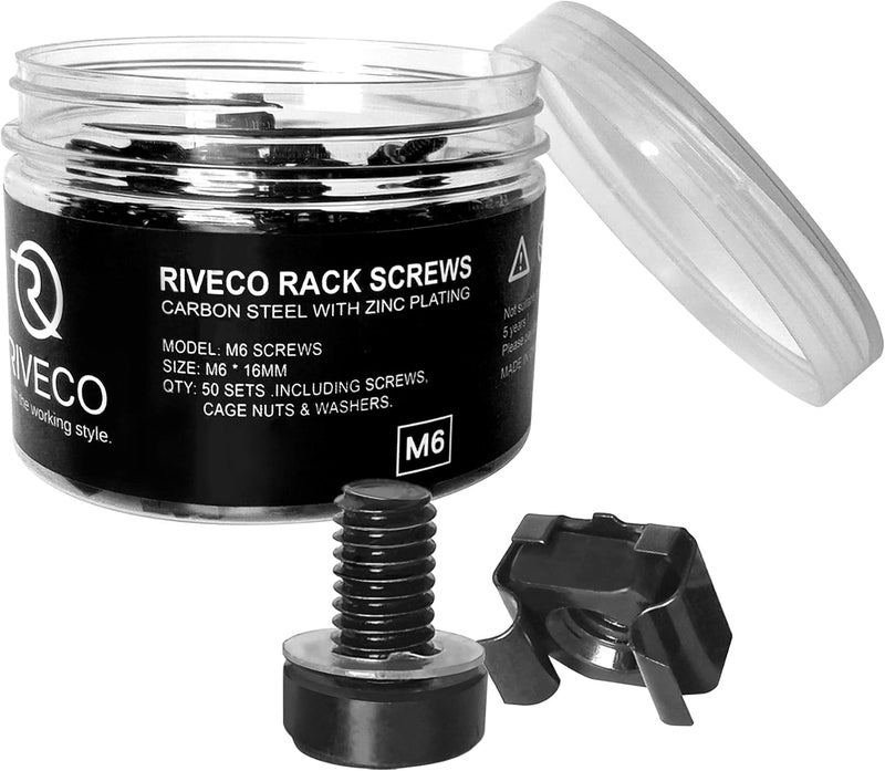 RIVECO Rack Screws & Cage Nuts for Server Cabinets & Racks Mounting Network Equipment Clip Nuts 50 Sets M6 x 16mm Black - Image 1
